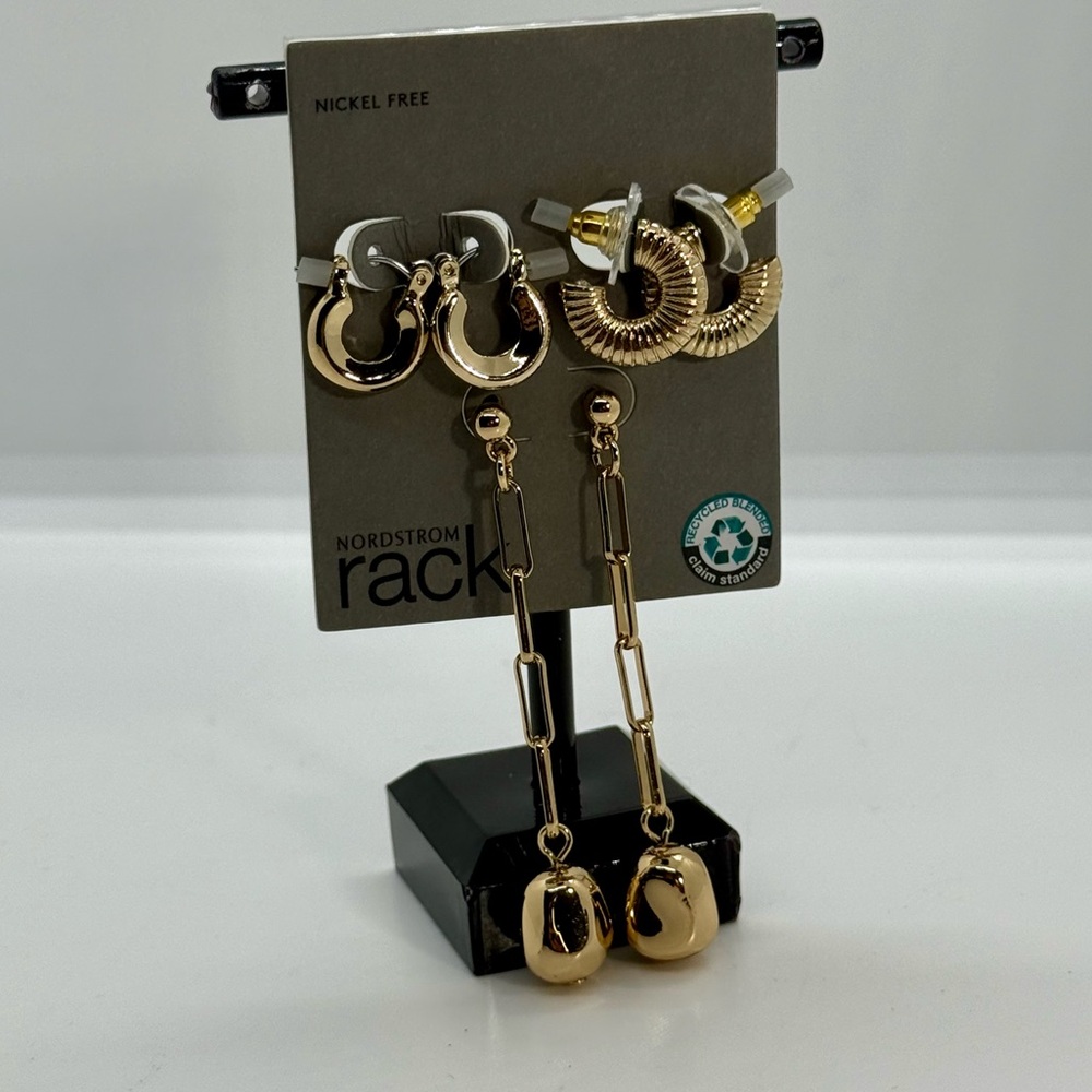 Elegant Gold Tone Earrings by Nordstrom Rack‎ - 3 Sets, Small Hoops and Dangle